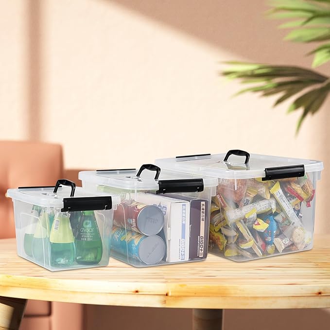 6 Quart Clear Organizer Bin with Lid Set of 4 Plastic Latching Storage Box