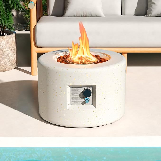 Tangkula Propane Fire Pit Table 25.5” Round Terrazzo Gas Fire Pit with Stainless Steel Burner &amp Lava Rocks Protective Cover &amp Tank Seat Included 40000 BTU Smokeless Fire Pit for Outside Pa