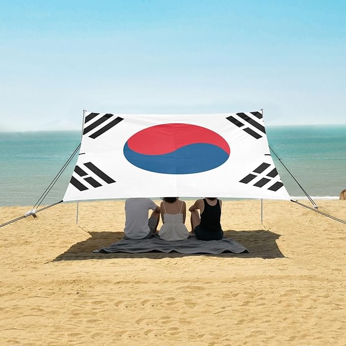 South Korea Flag Beach Cabana Tent UPF50 Easy Setup Large Sun Shelter with Sturdy Poles Sandbags and Shovel for Backyard and Camping