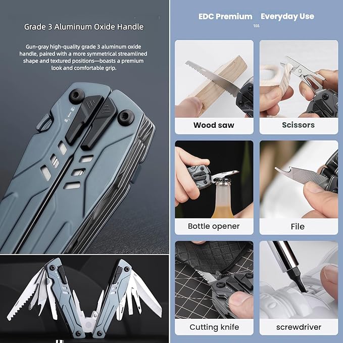 Multitools 20-in-1 Full-Size Lightweight EDC Multi-Purpose Pliers Folding Knife Nylon Bag Portable Tools Men Gift Ideas Equipment for Emergencies Hiking and Outdoor Camping (Blue)