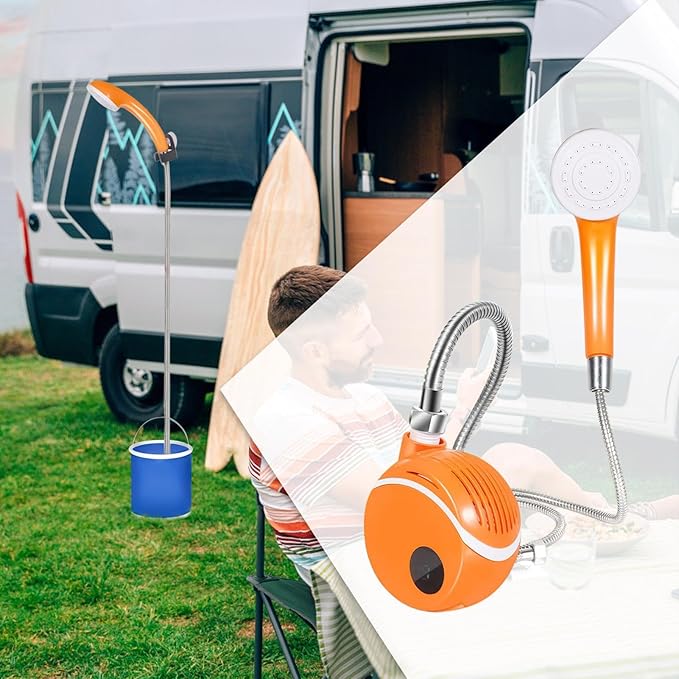 Camping Shower – 10.7x12.5x6cm ABS Orange Portable Wash System Water Pump Dispenser Spray Cleaning Device | Ideal for Car Bathing Hiking Trail Hygiene Pet Grooming Routine Outdoor Gear