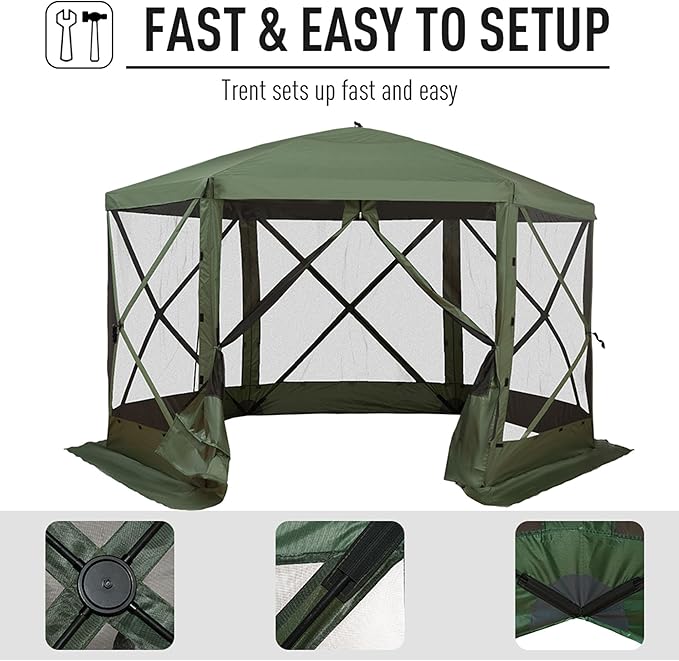 12x12 Hexagonal Pop-Up Gazebo Featuring Breathable Netting Mesh Panels and Thoroughly Shaded Comfortable Interior Easy Setup Green