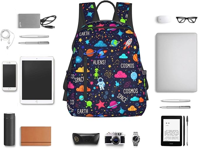 Cartoon space rockets astronaunt planets stars alien art Travel Backpack Water Resistant Bookbag