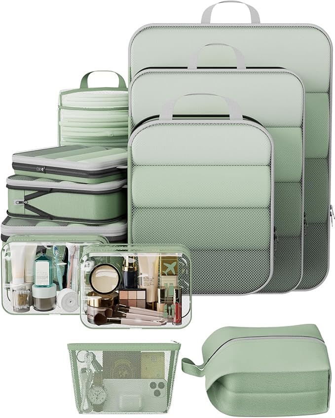 Veken 11 Set Compression Packing Cubes for Travel EssentialsCompressible Expandable Large Luggage Suitcase Organizer Bags for ClothingDurable Space Saver Storage Bags(Matcha Green)