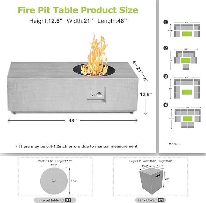 SUNPEAK 48 Outdoor Propane Fire Pit with Round Burner and Lights - 50000 BTU Fire Pit Table with Lid Rocks Cover &amp Tank Storage - Patio and Deck Gas Fire Pit (Light Grey/Golden Light 48 LED)