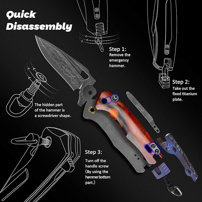 Damascus steel multifunctional EDC folding knife with self assembling pocket clip lining lock leather sheath one piece disassembly pocket knife
