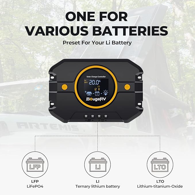 BougeRV 20A PWM Solar Charge Controller with BT APP Control Backlit LCD Display USB Port 12V/24V Compatible with Lithium/AGM/Gel/FLD Batteries Ideal for RV Marine Boat Off-Grid Systems