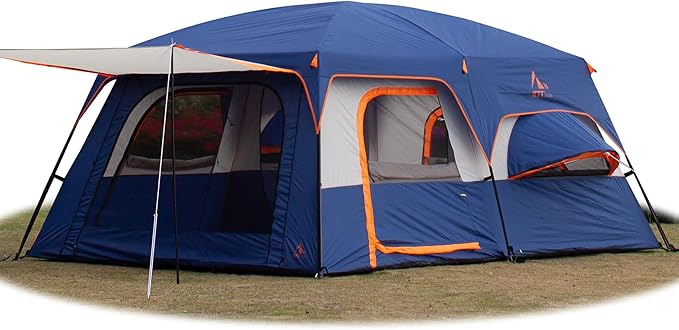KTT Extra Large Tent 10-12-14 Person(B)Family Cabin Tents2 Rooms3 Doors and 3 Windows with MeshStraight WallWaterproofDouble LayerBig Tent for OutdoorPicnicCampingFamily Gathering