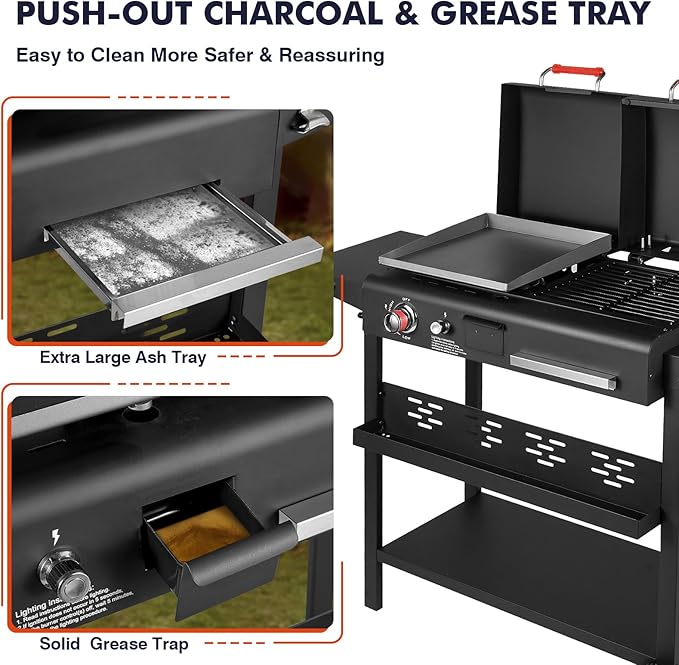 Propane and Charcoal Grill Combo Gas Griddle Grill Combo Two Fuel BBQ Grills with Long Silicone Non-Slip Grill Gloves Dual Fuel Lids and Side Shelves
