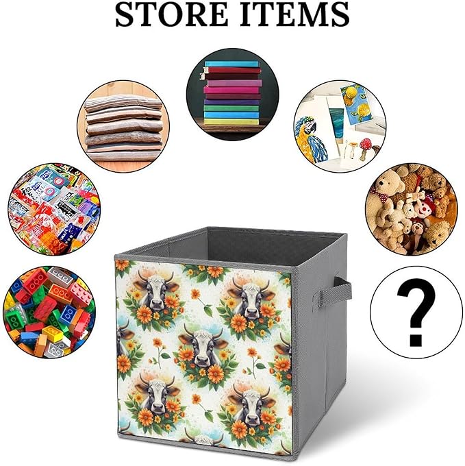 Collapsible Storage Bins with Handles Cute Highland Cow Foldable Cube Organizer Box for Closet Shelf Toy Storage Space-Saving Home &amp Office Decor
