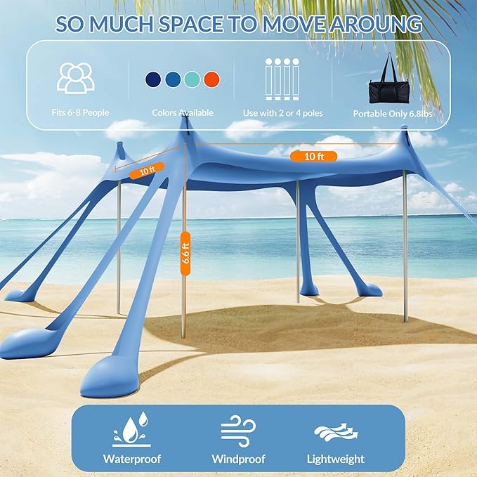 Gardentime Beach Tent Canopy with 8 Sandbags 4 Aluminum Poles Pop Up Portable Camping Sun Shelter Easy Set Up with 2 Sand Shovel Ground Pegs Carrying Bag for Outdoor BeachPicnic Fishing