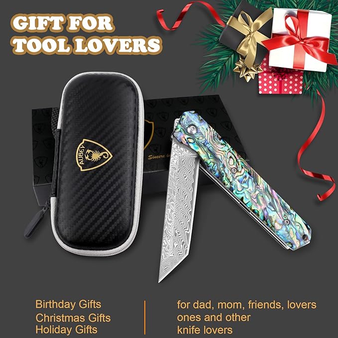 AUBEY Damascus Pocket Knife with Clip Sharp Tanto Blade with VG10 Core Folding Knife with Abalone Shell Handle and Glass Breaker EDC Camping Knife for Gift Survival Collection