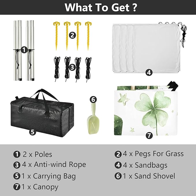 xigua St. Patrick's Day Beach Tent Sun Shelter with Carrying Bag - Silver Coated Oxford Fabric Beach Canopy for Beach Camping Fishing - Includes Windproof Ropes Sandbags &amp Stakes