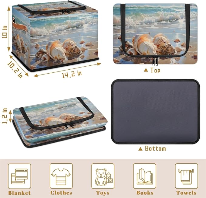 Shell Beach Storage Bins with Zipper Lid 2pcs Stackable Storage Baskets Boxes with Metal Frame Closet Storage Cube Bin Organizer with PU Handles Clothes Storage Bag