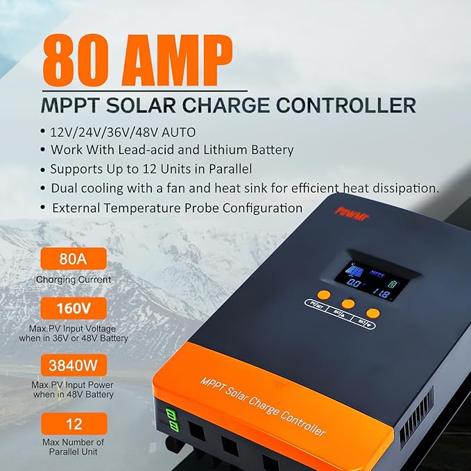PowMr MPPT 80A Solar Charge Controller 12V/24V/36V/48V Auto 80Amp Solar Controller Support up to 12 Parallel Connection Work with Lead-Acid and Lithium Batteries