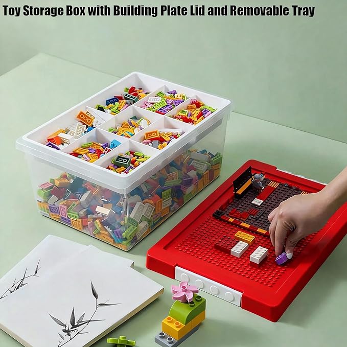 Toy Storage Organizer Bin for Lego Plastic Organizer Box with Removable Tray and Building Baseplate Lid Stackable Building Block Storage Craft Storage Container for Lego Art Toy Tool Sewing