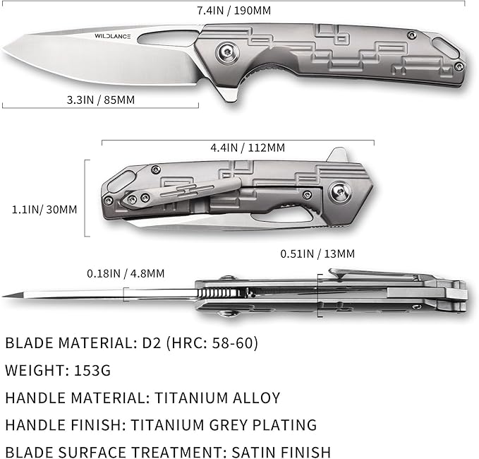 Folding Pocket Knife for Men 3.3 D2 Steel Blade Titanium Handle Frame Lock Folding Knife with Clip for Everyday Carry Outdoor Use PK-01