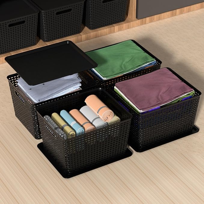 6-Pack Plastic Storage Baskets with Lid Lidded Storage Organizer Bin Black
