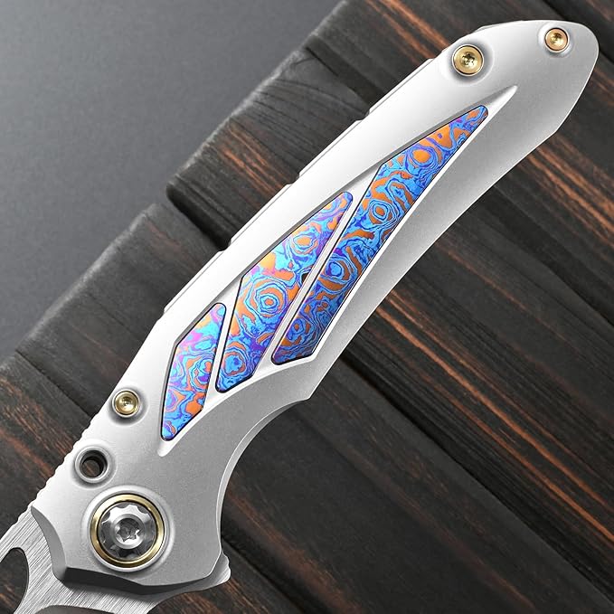Sitivien ST888 Folding Knife M390 Steel Blade Titanium and Timascus Inlaid Handle Knife with Safety Lock Frame Lock for Outdoor Camping Hiking Survival