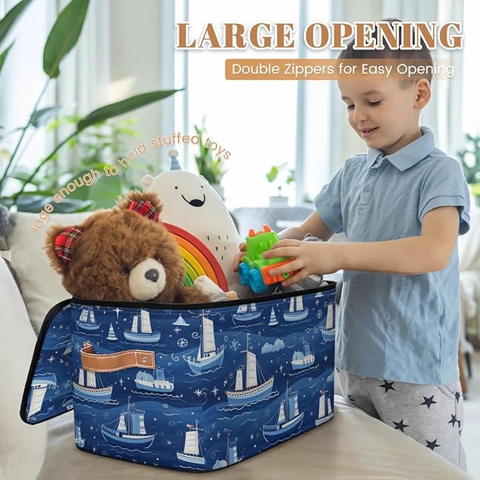 Storage Bins with Lids Cartoon Ship Storage Basket Clothes Organizer with Handles Closet Storage Containers for Clothing Bedding Blanket