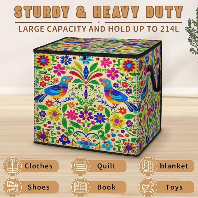 XL Large Clothes Storage with Lid Handle Mexican Large Thick Clothes Blanket Storage Containers for Organizing Bedroom Closet Comforter Organization Storage Mexico Style Floral Bird