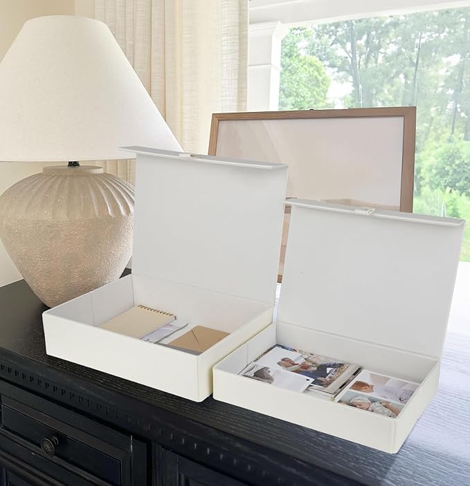 HofferRuffer Photo Storage Boxes with Dust-Proof Lid Set of 2 Faux Leather Lidded Storage Bins Photo Jewelry Scrapbooking Supplies Keepsake Organizer for Elegant Home &amp Office Decor (CreamWhi