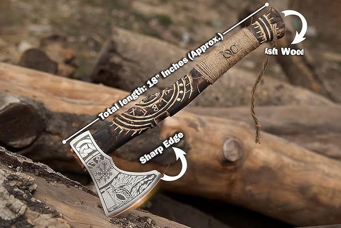 19” Hand Forged Viking Axe- Ash Wood Shaft Engraved Carbon Steel Bearded Axe for Camping- Viking Gift for Men(Norse Viking Axe) Blaack ISU564ZA