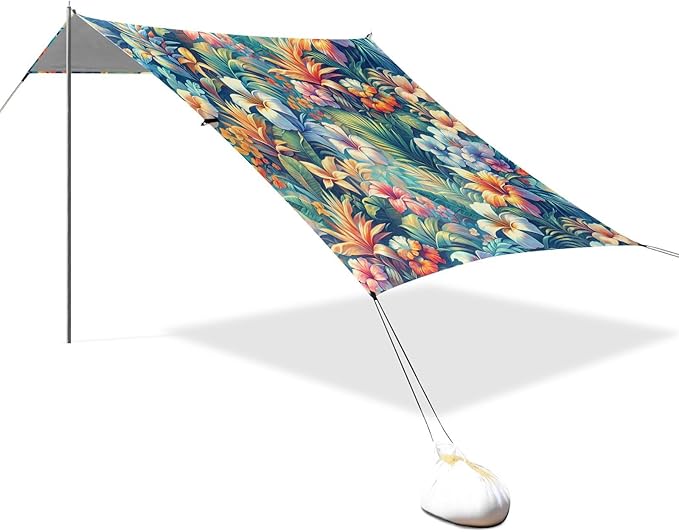 Spring Artistic Flowers Beach Tent Sun Shelter Set UPF50+ UV Protection 10.5 x 9.19 FT Camping Shade Canopy with Sandbags Sand Anchors Carrying Bag and Others