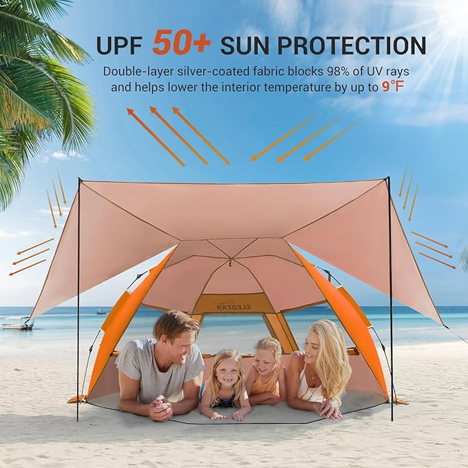 Elegear CumbreX™ Beach Tent with 360° Removable Canopy 4-6 Person Pop Up Sun Shade Shelter UPF 50+ Automated Installation Double Silver Coating Portable Lightweight Beach Cabana for Outdoor Orange