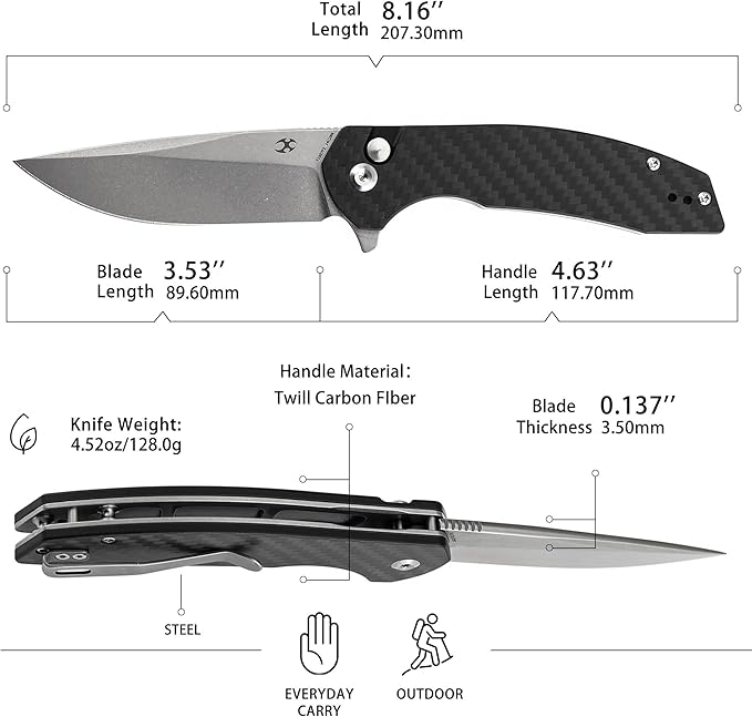 KANSEPT Accipiter Pocket Knife 3.53 Stonewashed 14C28N Blade Twill Carbon FIber Handle Flipper Open &amp Button Lock with Deep Clip EDC Folding Knives for Camping Hunting Survival T1007F2
