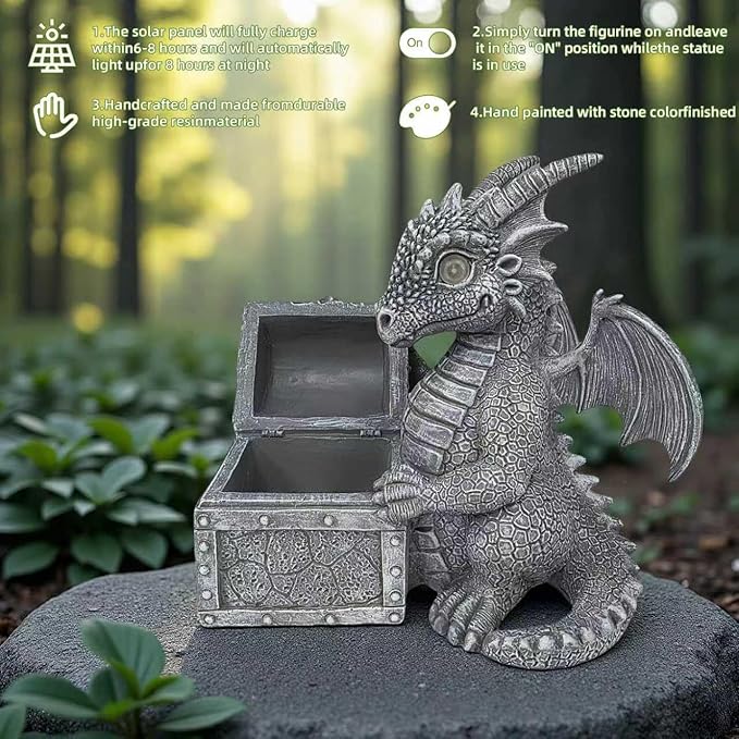 LED Solar Powered Dragons Opening Treasures Box Light Outdoor Atmosphere Decoration lamp Cute Resin Dragon Garden Landscape Lights.