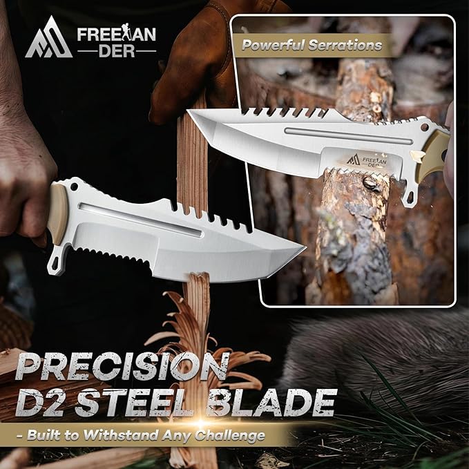 Freelander Outdoor Fixed Blade Knife Full Tang D2 Steel Survival Knife with Kydex Sheath Camping Bushcraft Knives with Ergonomic Handle