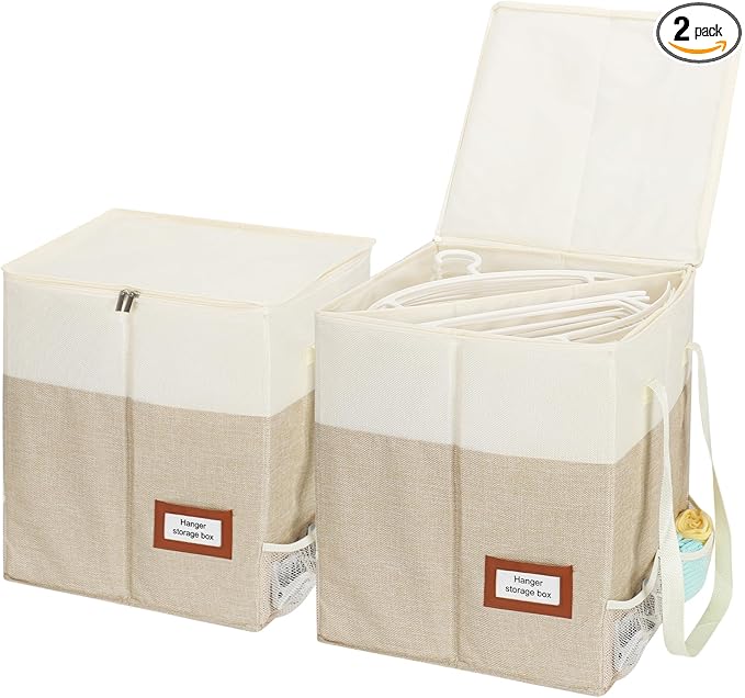 2 Pack Clothes Hanger Organizer Bag with Lid Rigid Hanger Storage ContainersHanger Caddy Organizer Box with Handle and Label Window Keep Closet Laundry Rooms Tidy (Beige)