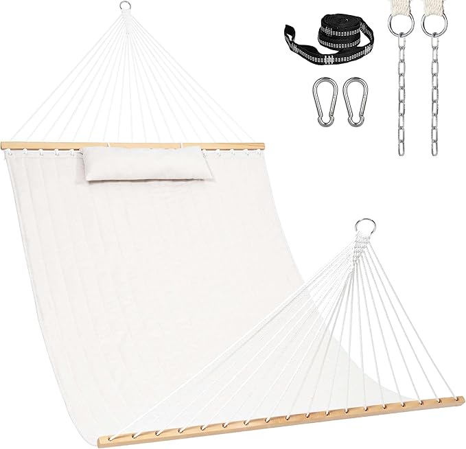 Lazy Daze Hammocks 12 FT Sunbrella Fabric Quilted Hammock Double Sunbrella Quilted Hammock with Spreader Bars &amp Pillow All Weather and Fade Resistant for Outdoor 450 lbs Capacity Cast Pumice
