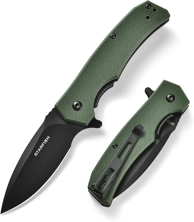 STARFISH Folding Knife 2.9 DC53 Steel PVD Titanium Coating Blade Pocket Knife with G10 Handle and Clip Lightweight Sharp Camping Hiking Daily Work Knives(green)
