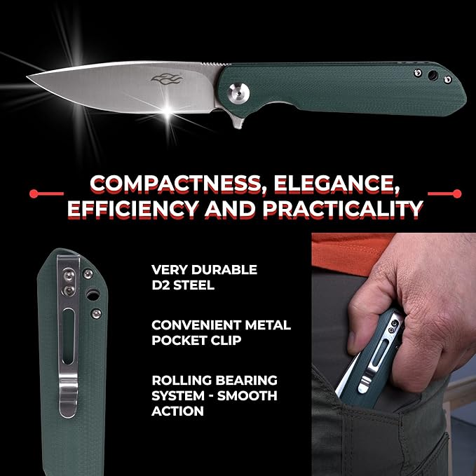 Firebird GANZO FH41S-GB Pocket Folding Knife D2 Steel Blade G10 Anti-Slip Handle with Clip Fishing Hunting Camping Outdoor Flipper EDC Pocket Knife Best Gift for Men and Women (Green)