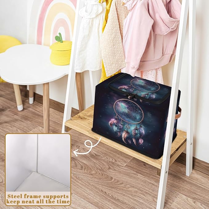 Dream Catcher Storage Box with Lid Feathers Collapsible Storage Bins Baskets Cubes Closet Shelf Clothes Organizer Containers with PU Leather Handles