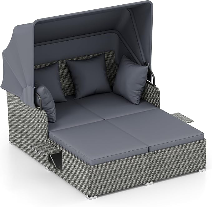 Tangkula Patio Rattan Daybed with Retractable Canopy Outdoor Wicker Sunbed Lounger with 2 Foldable Side Tables Thick Seat &amp Back Cushions Outside Double Daybed for Garden Backyard Porch Grey