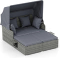 Tangkula Patio Rattan Daybed with Retractable Canopy Outdoor Wicker Sunbed Lounger with 2 Foldable Side Tables Thick Seat &amp Back Cushions Outside Double Daybed for Garden Backyard Porch Grey