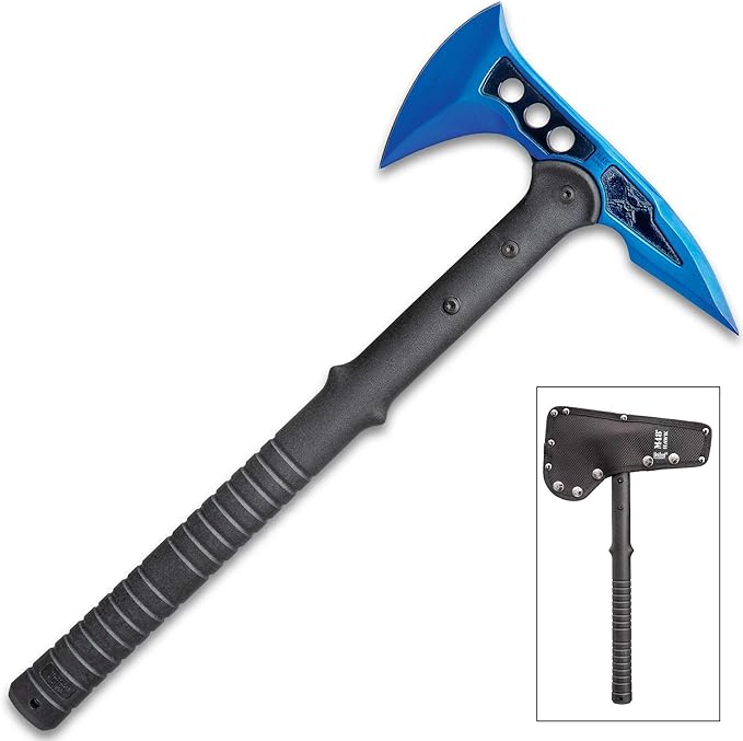 M48 Blue Tactical Tomahawk Axe and Snap On M48 Sheath - Hawk Axe Blue Stainless Steel Blade Piercing Spike Grippy Reinforced Fiberglass Handle Made for Door Breaching and Chopping - Length 15”