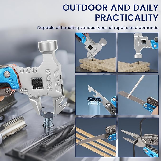18-in-1 Multipurpose Tool Kit Survival Camping Gear &amp Fishing Gifts Multitool with Hammer Pliers Screwdriver and Pocket Knife for Dad Men(Blue)