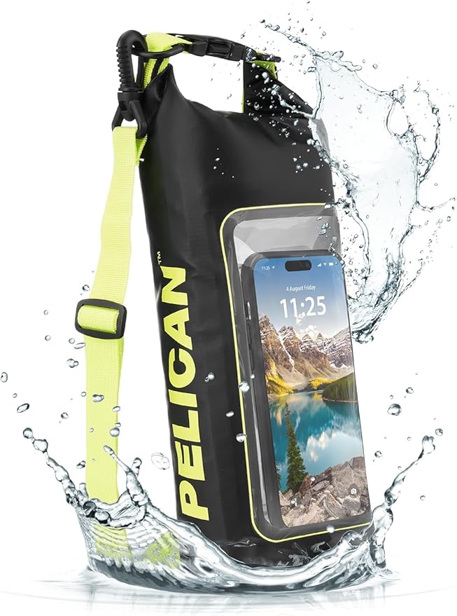 Pelican Marine IP68 Waterproof Dry Bag 2L - Roll Top Waterproof Backpack w/Phone Case/Pouch - Boating &amp Kayak Accessories - Essentials for Camping Swimming Beach Fishing Rafting Travel - Black/Yel