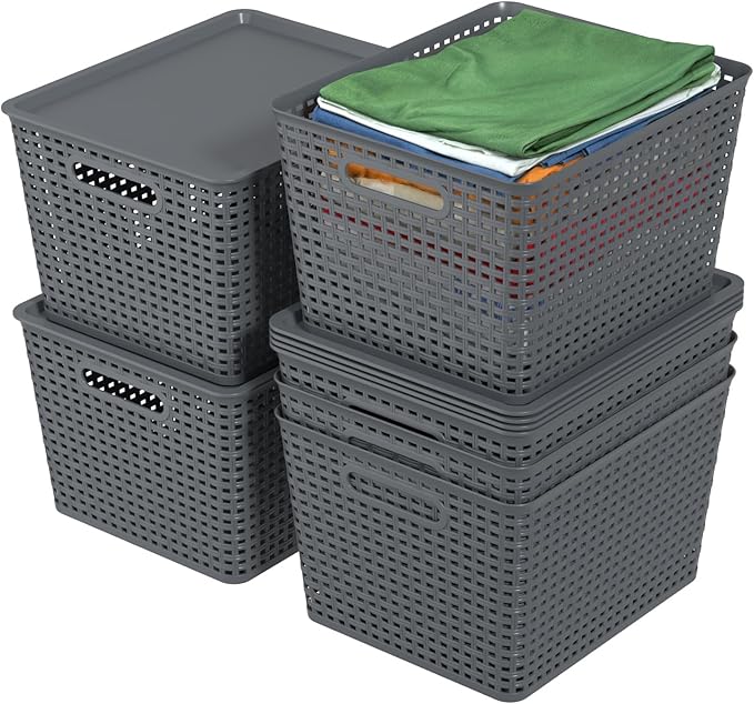 20 Quart Plastic Weave Storage Basket Bin with Lid Large Stackable Baskets 6 Packs