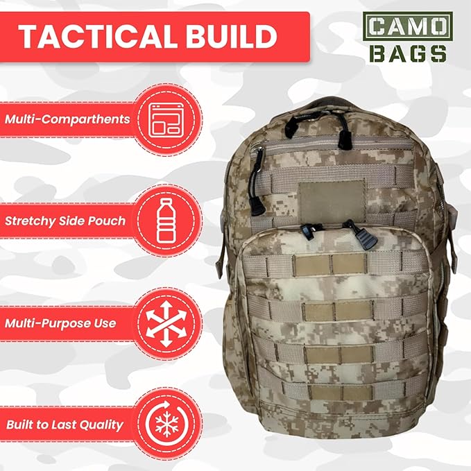 Camo Tactical Daypack Backpack - 1000D Polyester Tactical Backpack with Multi Compartments Air-Mesh Padded Back Side Compression &amp Adjustable Shoulder Straps - Travel Backpack Use for Outdoor &a
