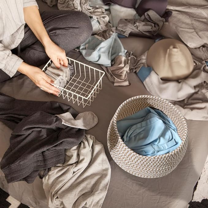 Rope Woven Basket - Round Rope Organizer Cotton Table Basket Covered Storage Bin | Stylish Decorative Utility Holder Soft Lid Container with Sturdy Shape for Napkins Sundries Snacks Makeup Towels