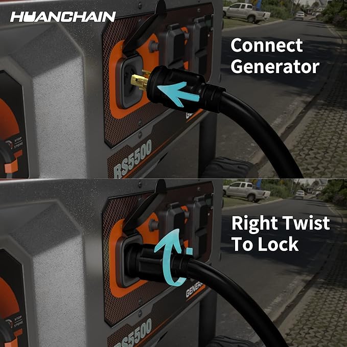 huanchain 3 Prong 30 Amp Generator Cord 25 Feet Heavy DutyNEMA L5-30P/L5-30R 10 Gauge 125V SJTW Black Lock Generator Extension Cord Waterproof ETL Listed