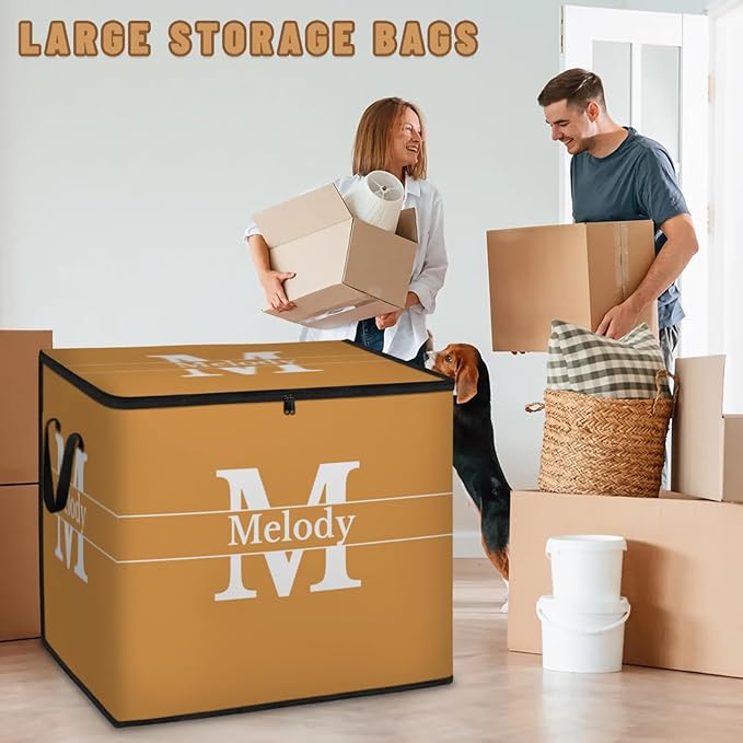 Custom Name Large Storage Bin with Lid Personalized Storage Basket with Zippers for Organizing Comforters Blankets Bedding Closet Shelf Baskets Orange with Initial Letter