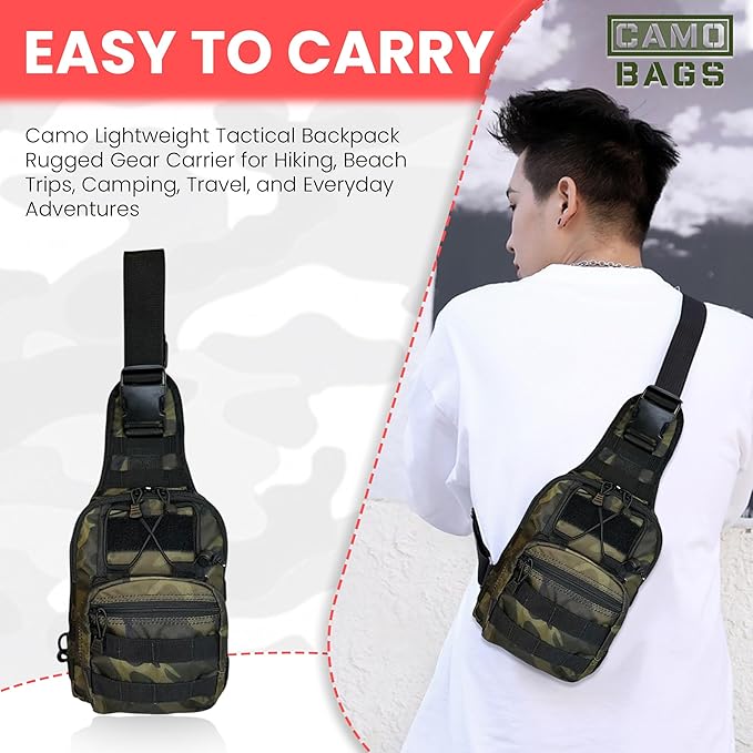 Camo Tactical Sling Bag/Backpack - 1000 Denier Cordura Polyester Crossbody Bag with Comfortable Satchel Inner Pockets Outer Compartment Zip Closure &amp Padded Handle - Chest Bag Use for Multipurp