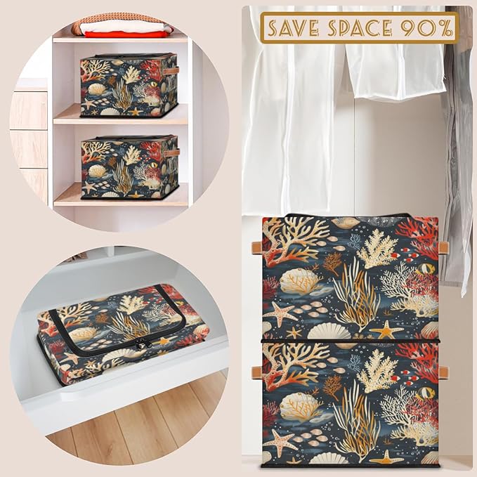 Sea Ocean Storage Box with Lid Seashell Collapsible Storage Bins Baskets Cubes Closet Shelf Clothes Organizer Containers with PU Leather Handles