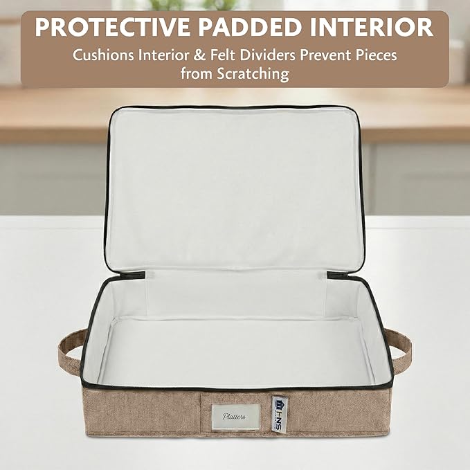 Platter Storage Containers - Hard Shell Protection for Fine China Sturdy Dish Organizer with Dividers for Seasonal Storage Moving &amp More - Protects up to 4 Platters (Brown)